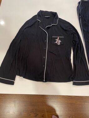 Cha Cha Chanel Black Pajama Set w/ White Piping and Embroidered Pink Snake